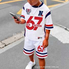跨境欧美风儿童拼色短袖套装 男童数码印花 T 恤配休闲短裤