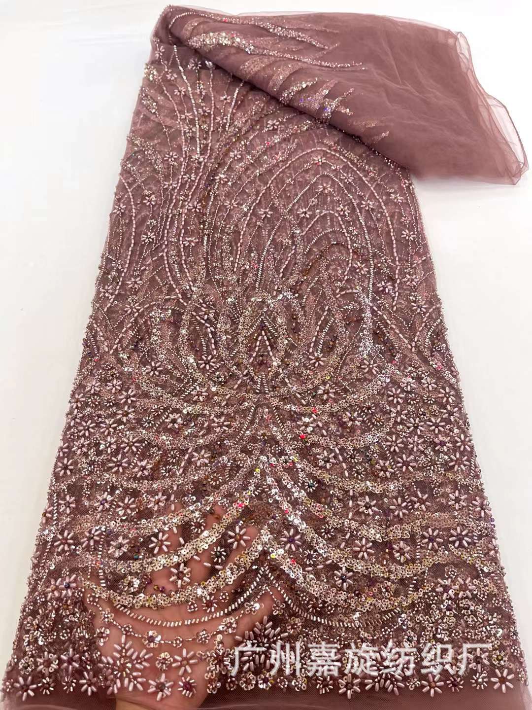 Vestido de novia francés industria pesada arroz cuentas lentejuelas encaje tela nupcial lentejuelas encaje tela J4003