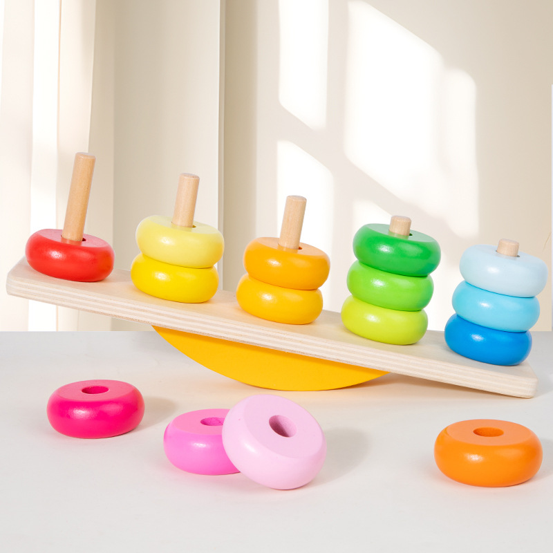 Número de madera cuentas anillo de la educación temprana para niños pequeños iluminación rompecabezas torre arco iris apilar juguetes de reducción de estrés interactivo ocio