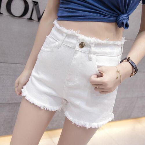 High-elastic summer mid-waist tight stretch denim shorts women's white hot pants with rough edges and holes in black