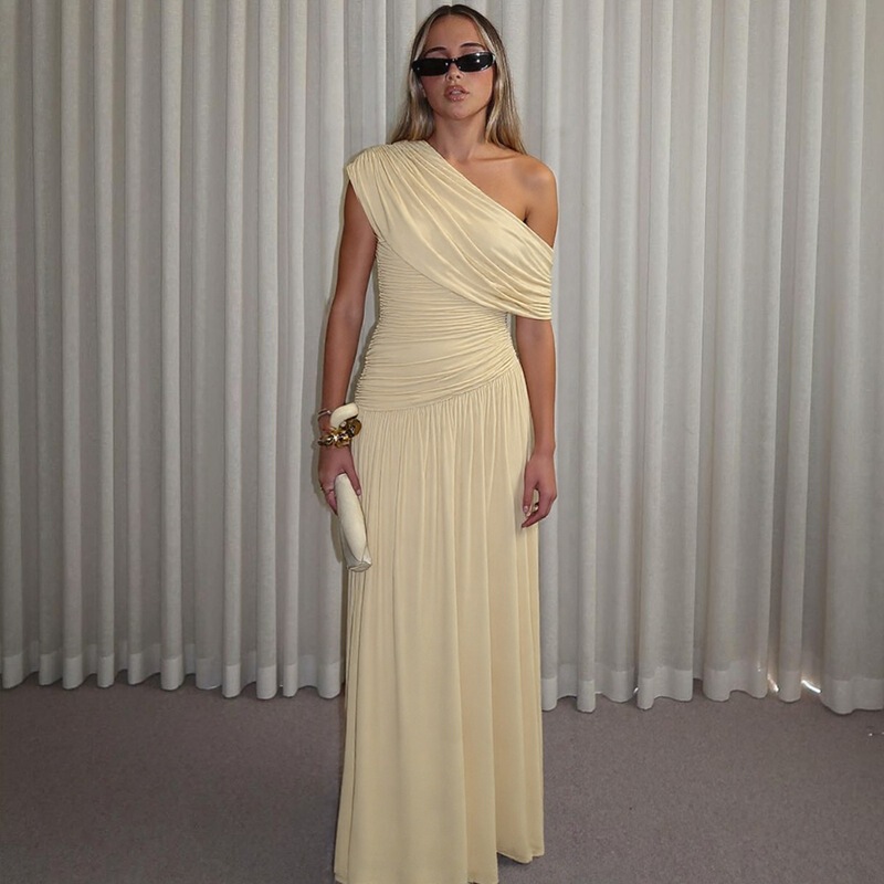 European and American Hot-Selling Women's Clothing 2026 Spring New Fashion Sexy Asymmetrical Neckline Pleated Irregular Solid Color Dress Wholesale
