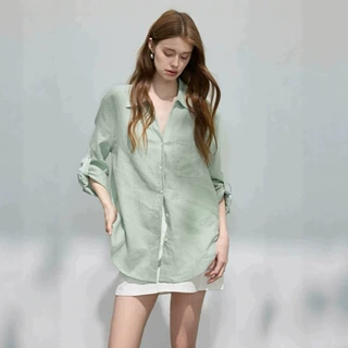 法式感苎麻长袖衬衫女装夏季新款宽松翻领老钱风防晒百搭上衣