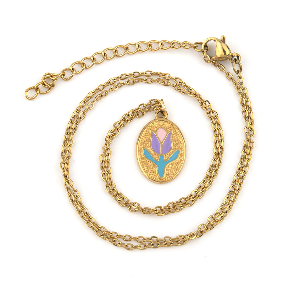 French colored tulip with gold vacuum color protection electroplating stainless flower drop oil titanium steel necklace_voghion.com