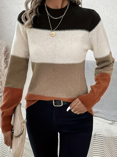 Women's Elegant Color Block Round Neck Long Sleeve Sweater