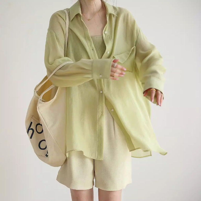 Summer French-Style Thin Sun-Protective Shirt for Women, Unique Design, Loose Chiffon Blouse, High-End Tencel Top, Trendy Summer French-Style Thin Sun-Protective Shirt for Women, Unique Design, Loose Chiffon Blouse, High-End Tencel Top, Trendy