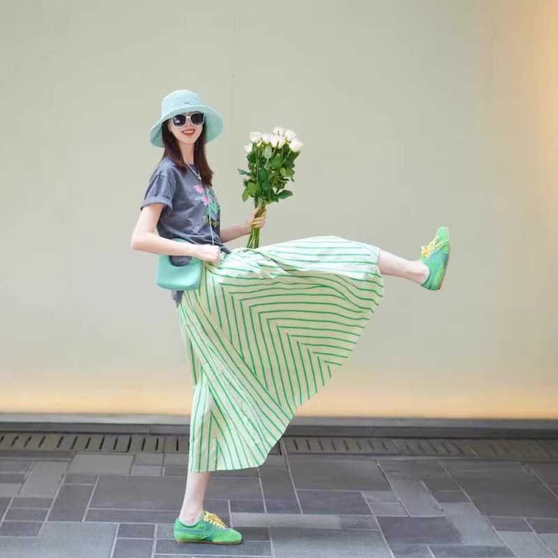 Brother's Boutique Quality Spring and Summer New Korean-Style Vacation Style Striped Elastic High-Waisted Slimming Hip-Covering A-Line Skirt