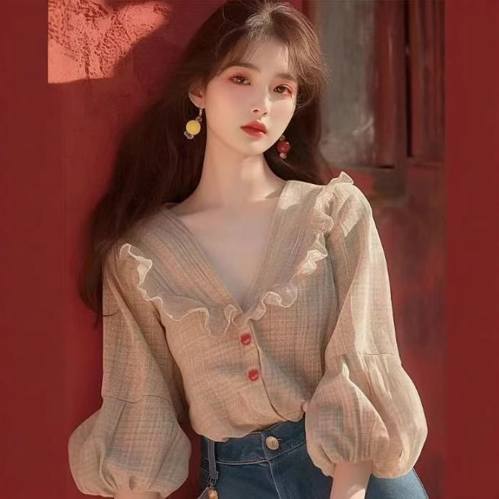 小清新荷叶边格子衬衫女秋季洋气宽松超好看复古文艺气质高级上衣