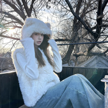 2025秋冬新款羊羔毛皮毛一体厚马甲外套女宽松小熊耳朵小个子上衣