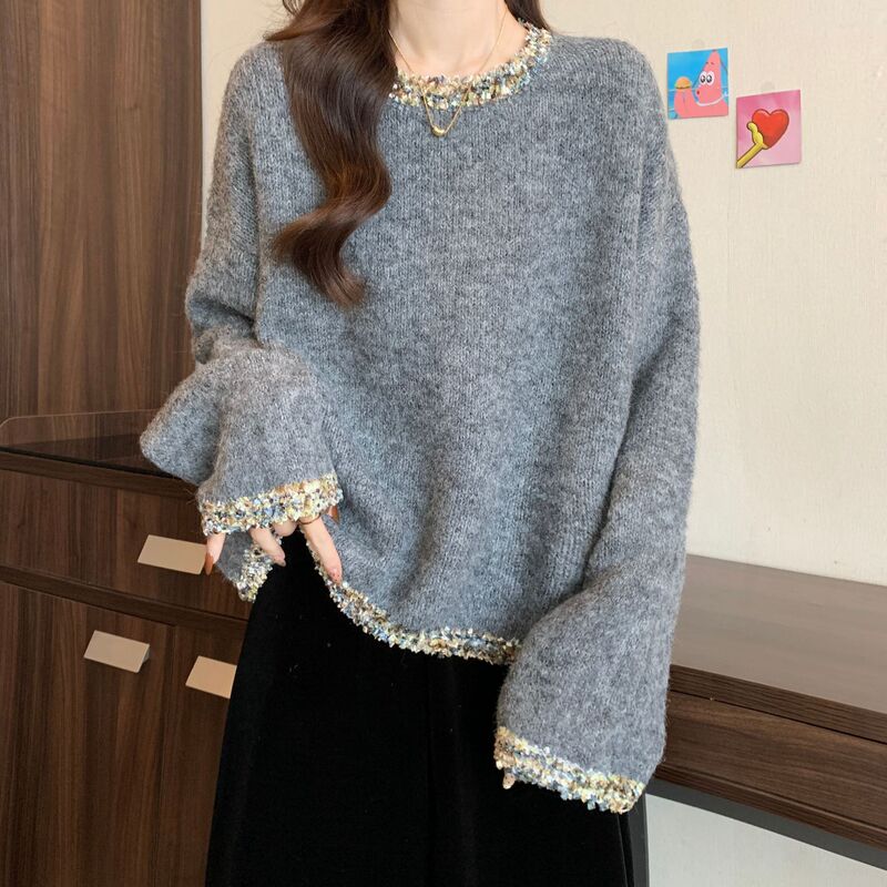 Lazy Style Long-sleeved Loose Slim-fit Top Women's Western Style Diamond-encrusted Round Neck Pullover Solid Color Simple Knitted Shirt Chanel Style