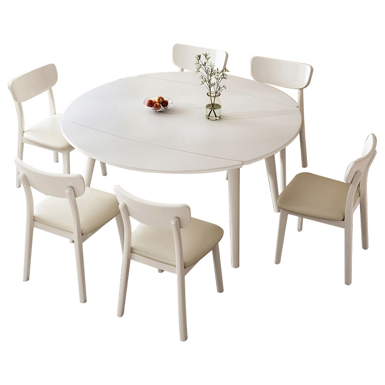 Blanco puro estilo crema roca placa mesa de comedor y silla retráctil plegable combinación redonda moderno simple pequeño apartamento sala de estar hogar