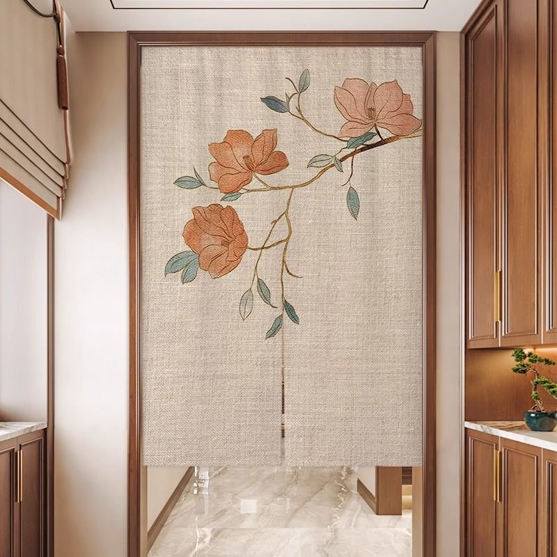 Chinese-Style Door Curtain Partition Curtain, No-Drill Bedroom Plum, Orchid, Bamboo, Chrysanthemum Blocking Curtain, Bathroom Half Curtain, Living Room Corridor Curtain