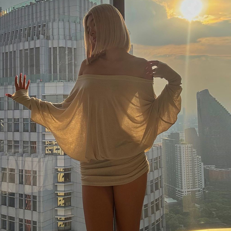 European and American Style Women's Clothing 2025 Spring New Sexy Pure Lust Style One-Line Collar Pleated Tight Hip-Hugging Dress