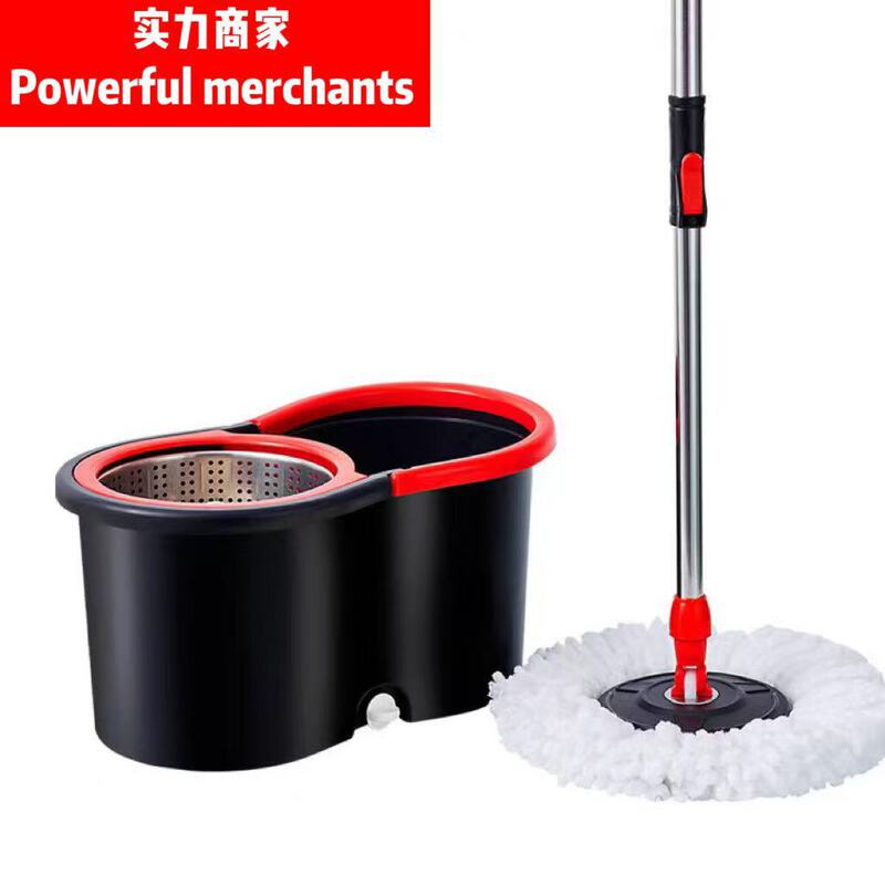 Dual-Drive Rotating Mop with Stainless Steel Rod, Hand-Pressed Self-Wringing Mop, Hands-Free Washing Mop, Black Figure-Eight Bucket Mop