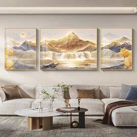 聚宝盆客厅装饰画日照金山沙发背景墙挂画轻奢高档三联山水画壁画