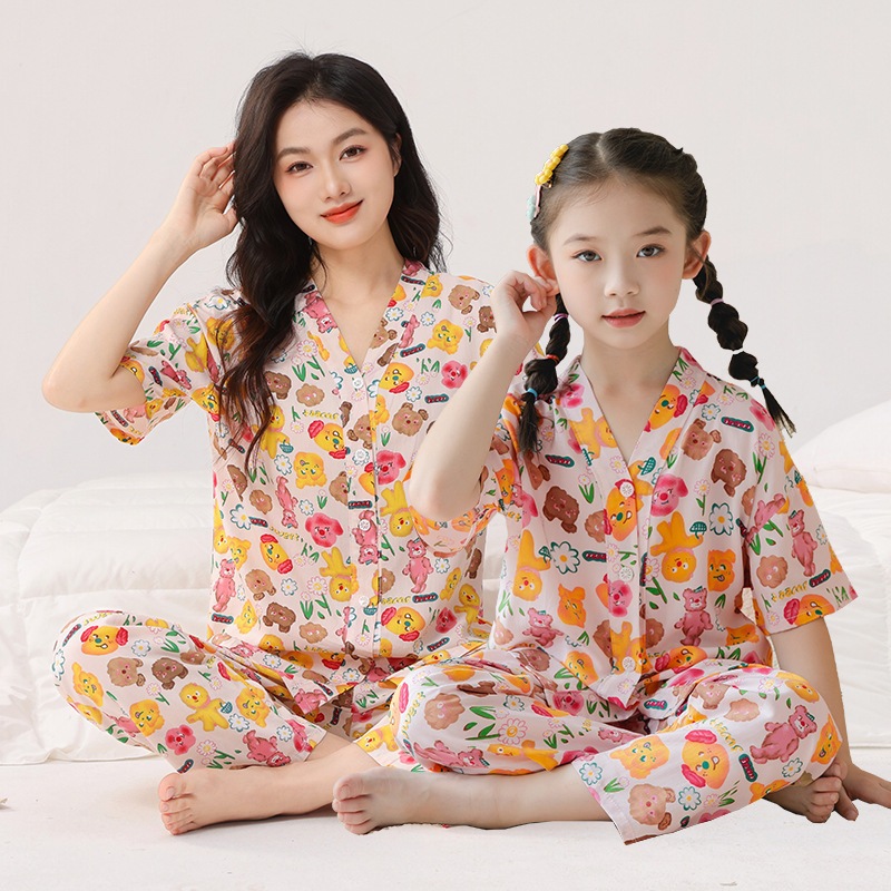 Family Set Cotton Silk Pajamas Short-Sleeve Parent-Child Loungewear Boys Girls Couple Air-Conditioning Clothing Set Thin Cotton Silk Summer Family Set Cotton Silk Pajamas Short-Sleeve Parent-Child Loungewear Boys Girls Couple Air-Conditioning Clothing Set Thin Cotton Silk Summer