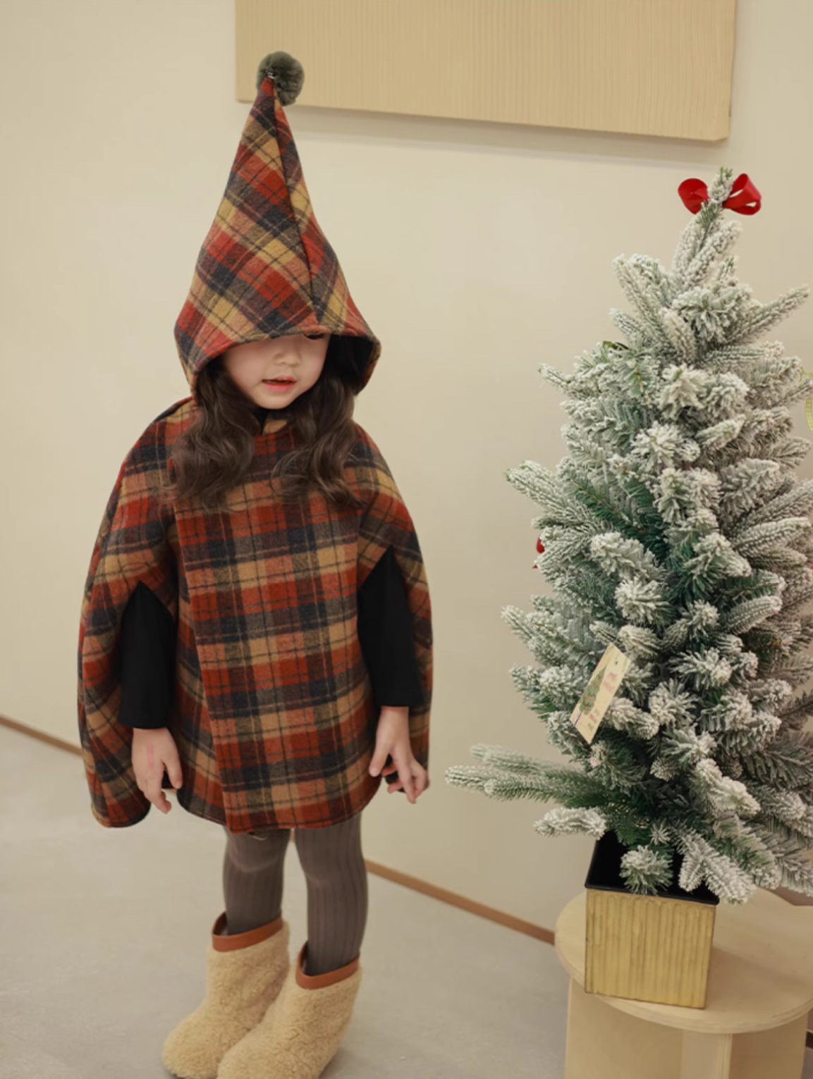 Kinderkleidung Mädchen Herbst und Winter neue Kinder spitzer Hut karierter Baumwollclip dicker Wollmantelumhang_voghion.com