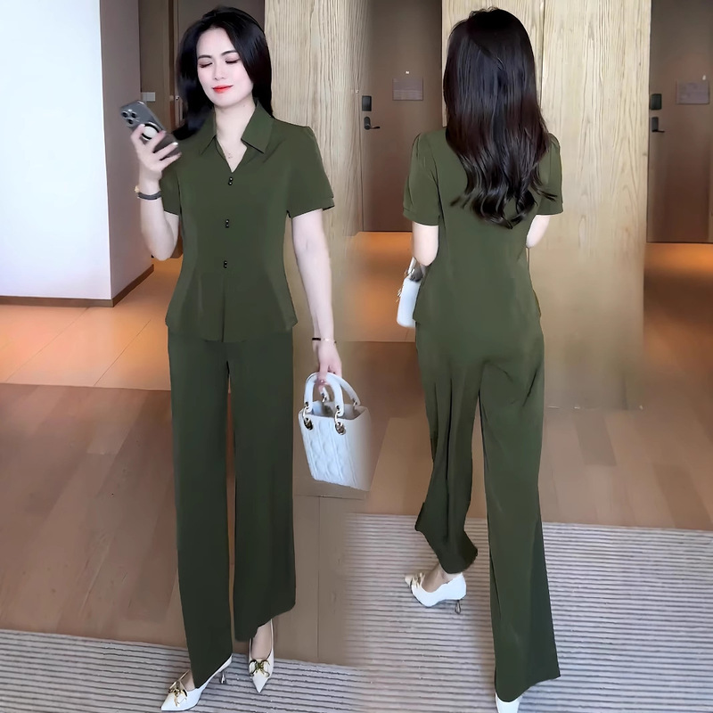 Light Luxury Fashion Set for Women, Casual Ice Silk Shirt, Summer Hot-Selling Style, Slimming Top, Wide-Leg Pants Two-Piece Set Light Luxury Fashion Set for Women, Casual Ice Silk Shirt, Summer Hot-Selling Style, Slimming Top, Wide-Leg Pants Two-Piece Set