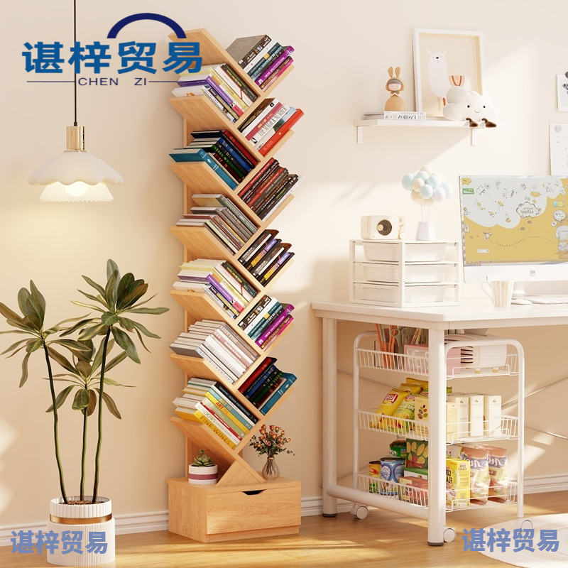 简易小书架落地置物架客厅儿童实木书柜子学生家用一体靠墙阅读架