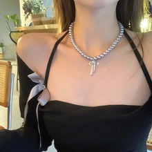 法式复古气质珍珠项链甜美蝴蝶结串珠锁骨链高级感少女百搭饰品