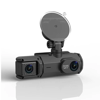 High-definition 1080P dashcam with three lenses for front, interior, and rear, mobile phone connectivity, suction cup mount, universal (Driving recorder) - in-front-of-the-car-and-inside-the-car