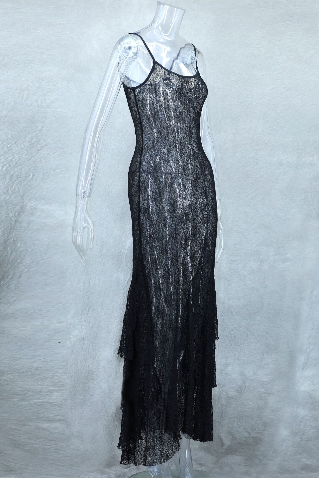 Sexy Lace See through Layered Thin Shoulder Strap Maxi Dress