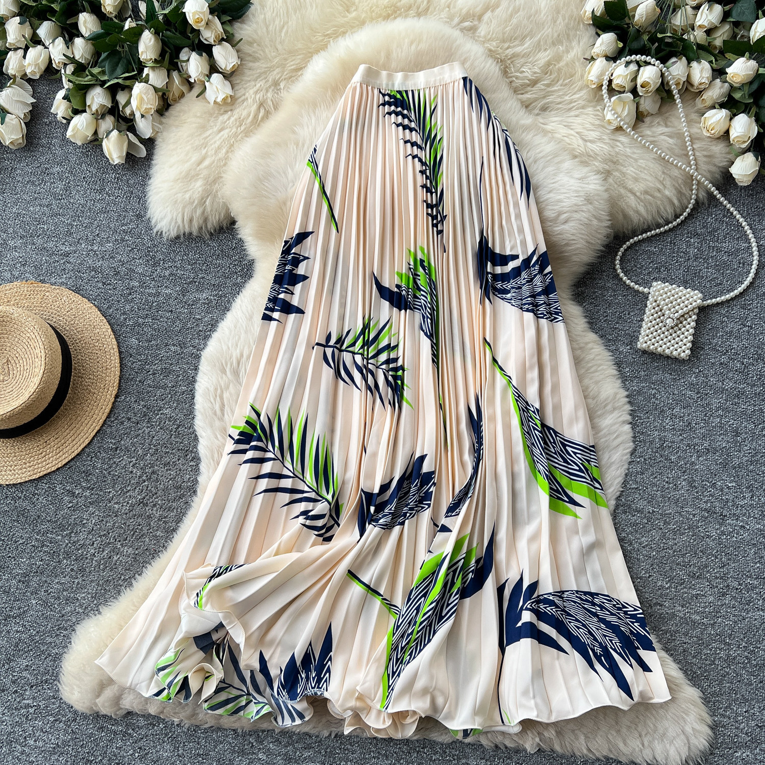 High Waisted Slimming Pleated Midi Skirt for Women French Style Printed A-Line Perfect for Summer Vacation And Work_ecoleips.com