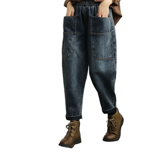 2025 New Elastic Waist Denim Seven-Eighth Pants Bootcut Father Jean Wide Leg Pants Retro Distressed High-Waist Plus Size Pants