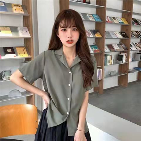 春装学院风复古韩版职业西装领翻学生夏季短袖衬衫女纯色上衣|undefined