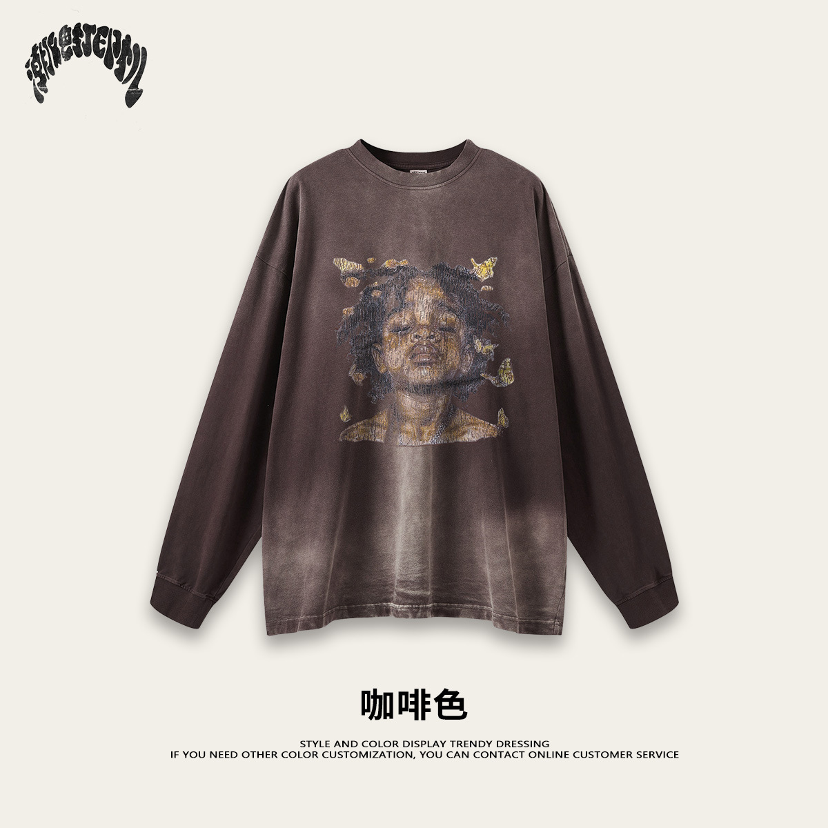 2025 otoño marca de moda americana suelta retro hacer vieja moda cool niños callejeros impresión lavado camiseta de manga larga moda masculina
