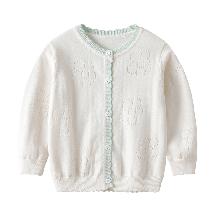 Girls' coat pure cotton flower hollow out sweater spring autumn new baby top simple and versatile small cardigan trend