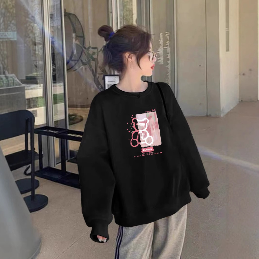 Suéter de algodón negro pesado de alta gama para mujeres 2025 otoño y invierno nuevo estilo europeo y americano camiseta de manga larga fondo suéter de estudiante