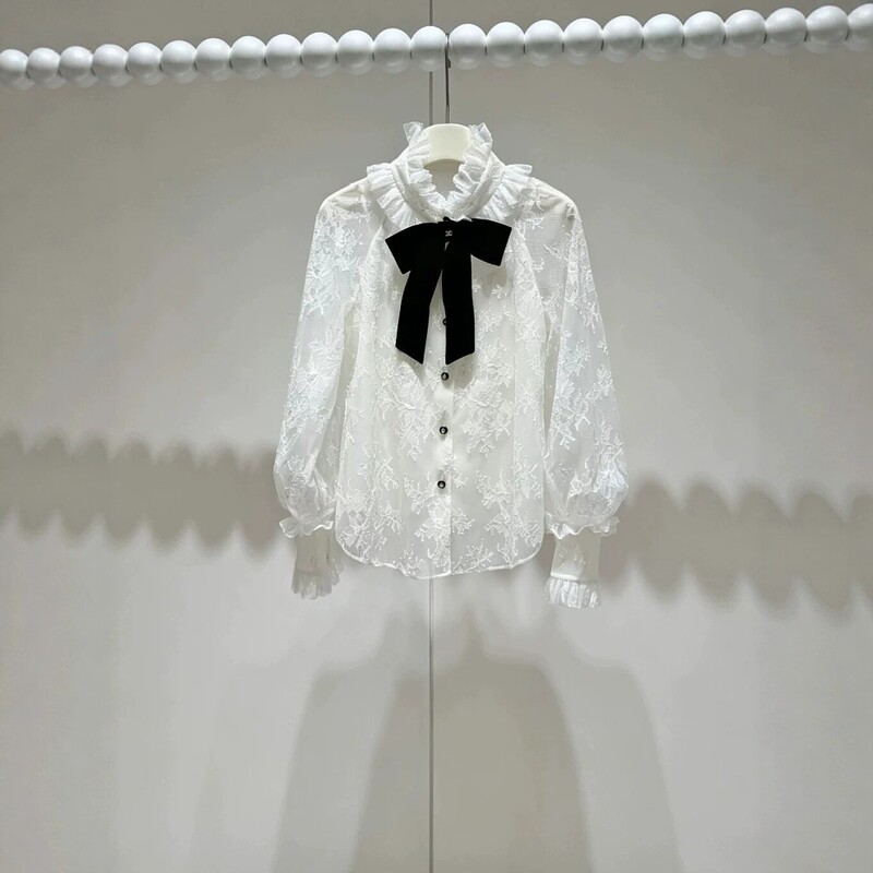 In Stock 2026 New French Retro Lace Shirt for Women with Doll Collar, Bow Tie, Long Sleeves, Hollow-Out Crochet Design