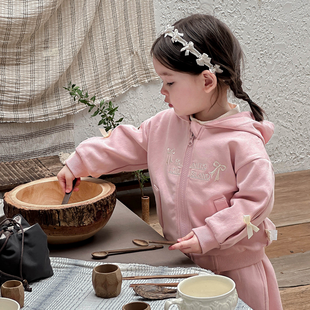 Ropa de bebé ropa de otoño bebé de dos piezas con lazo decoración cremallera chaqueta con capucha traje de pantalón traje de niña