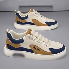 男鞋夏季透气圆头百搭休闲皮面板鞋青少年防水防滑一脚蹬运动潮鞋