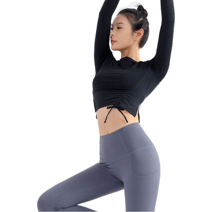 Top de yoga ropa de fitness expuesta al ombligo de las mujeres Cordón de adelgazamiento elástico alto deportes manga larga correr ropa de secado rápido ajustada casual