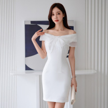 性感一字领露肩连衣裙2024夏季新款名媛蝴蝶结修身包臀女装铅笔裙