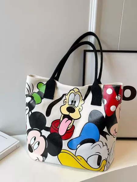 Cross-Border Mickey Canvas Bag for Women, Large Capacity Bag, 2025 New Cute Cartoon Handbag, Single Compartment Tote Bag
