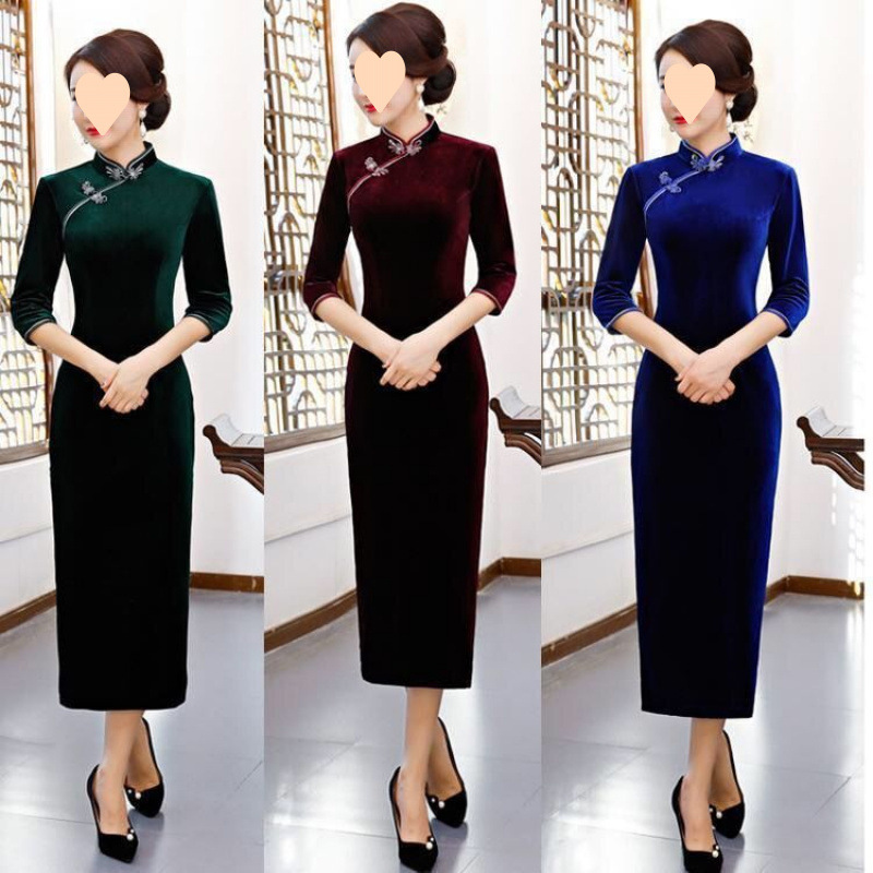 Velvet Cheongsam for Women, New Spring/Summer Style, Three-Quarter Sleeve, Mother's Wedding Dress, Solid Color, Elegant Long Improved Cheongsam Velvet Cheongsam for Women, New Spring/Summer Style, Three-Quarter Sleeve, Mother's Wedding Dress, Solid Color, Elegant Long Improved Cheongsam
