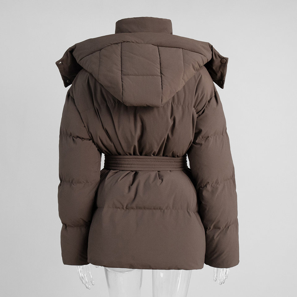 Áo khoác bông nữ có mũ, khóa kéo, thắt eo dáng ôm, dài trung bình, chất liệu polyester dày — màu nâu, màu đen, quả mơ chi tiết 9