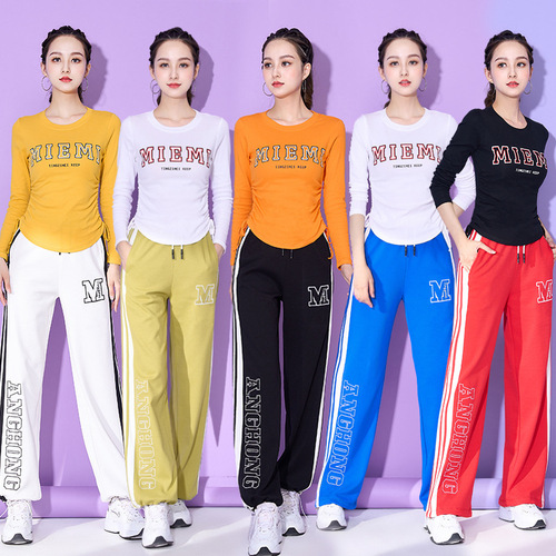 Square dance clothing spring and summer new long-sleeved drawstring tops wide-leg pants sports aerobics women's single piece