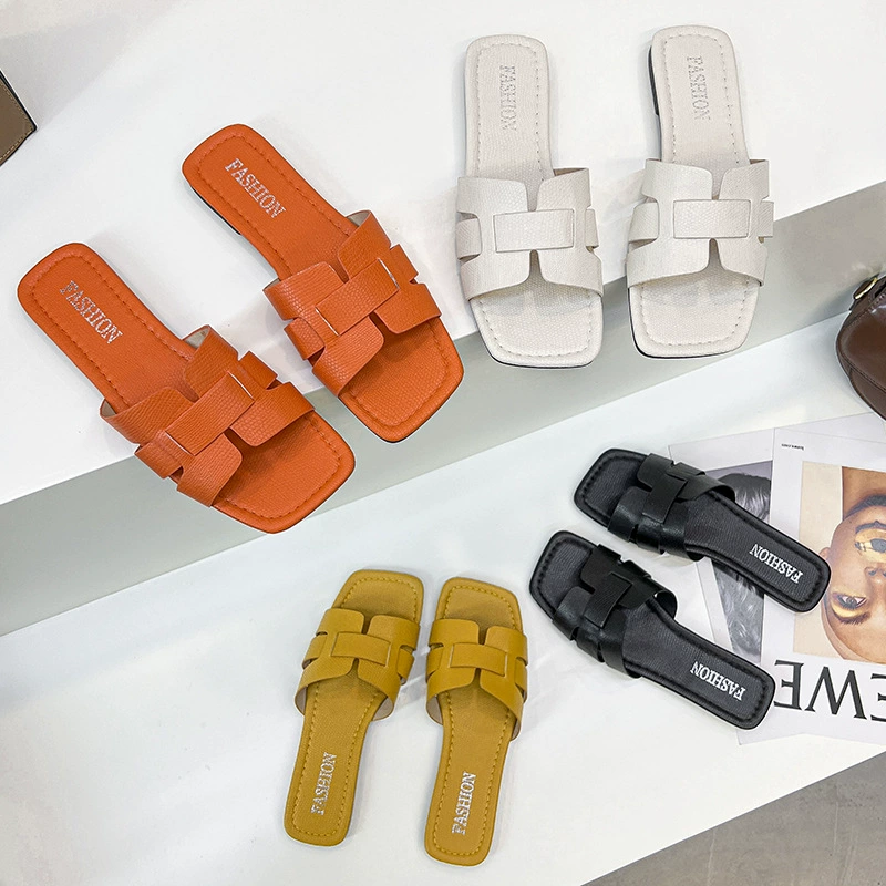 Женские летние сандалии 2024 года, квадратный носок, H-образная форма, мягкая подошва, повседневный стиль, универсальная мода, экспорт, опт