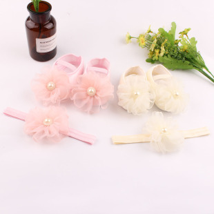 New Baby Shoes Pearl Flower Headband Set 0-1 Year Old Baby Shoes Soft Sole Toddler Shoes Newborn Shoes Princess
