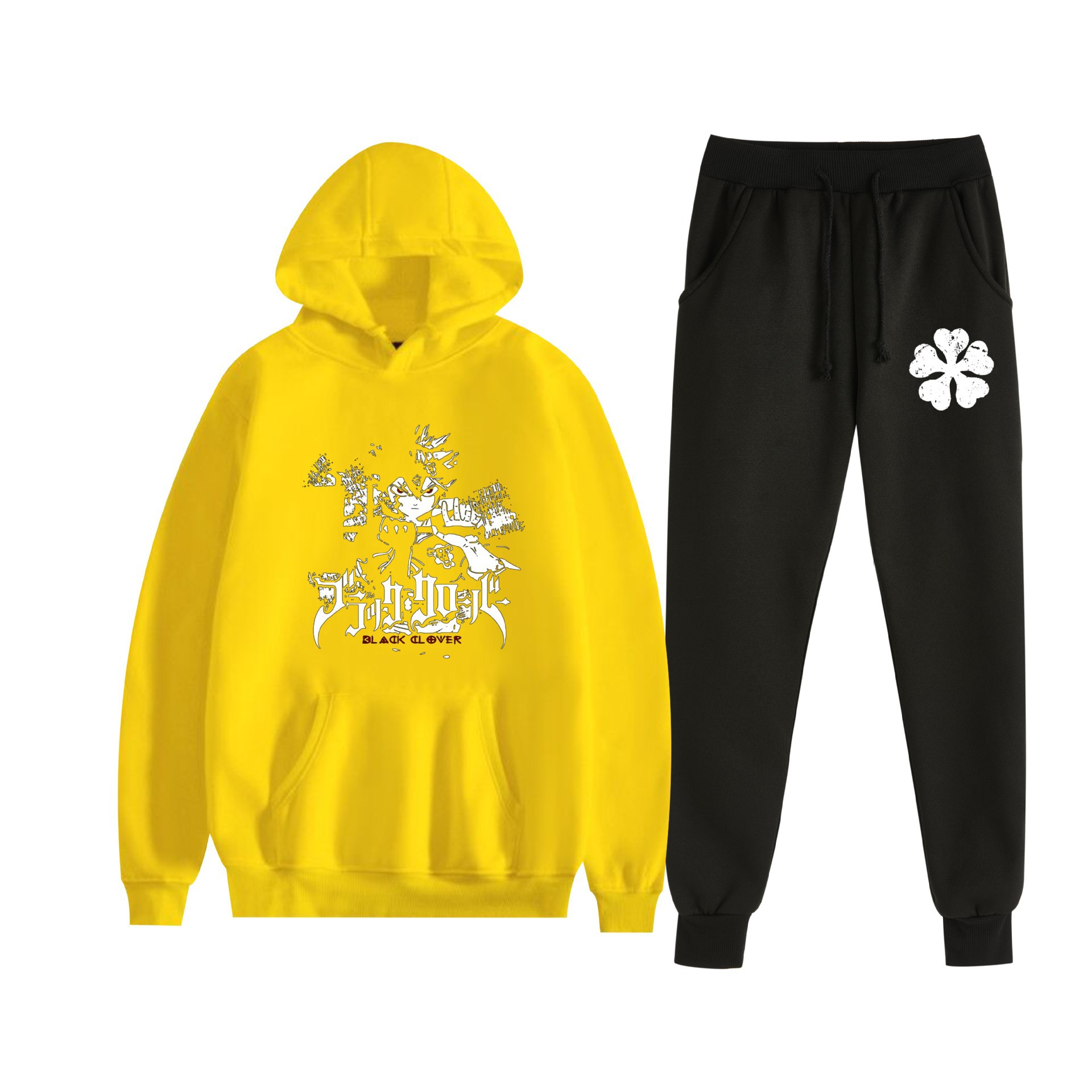 Europa y América otoño e invierno negro trébol de cuatro hojas periférico bidimensional hombres y mujeres deportes de ocio más suéter con capucha de terciopelo traje al por mayor