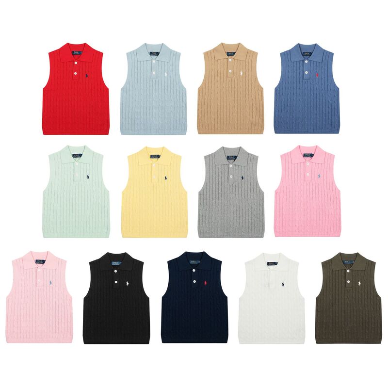 Rl Raffia Twist Pony Logo Embroidery Polo Collar Vest Knitted Vest Women's T-Shirt with Sleeves Knitted Short Sleeve