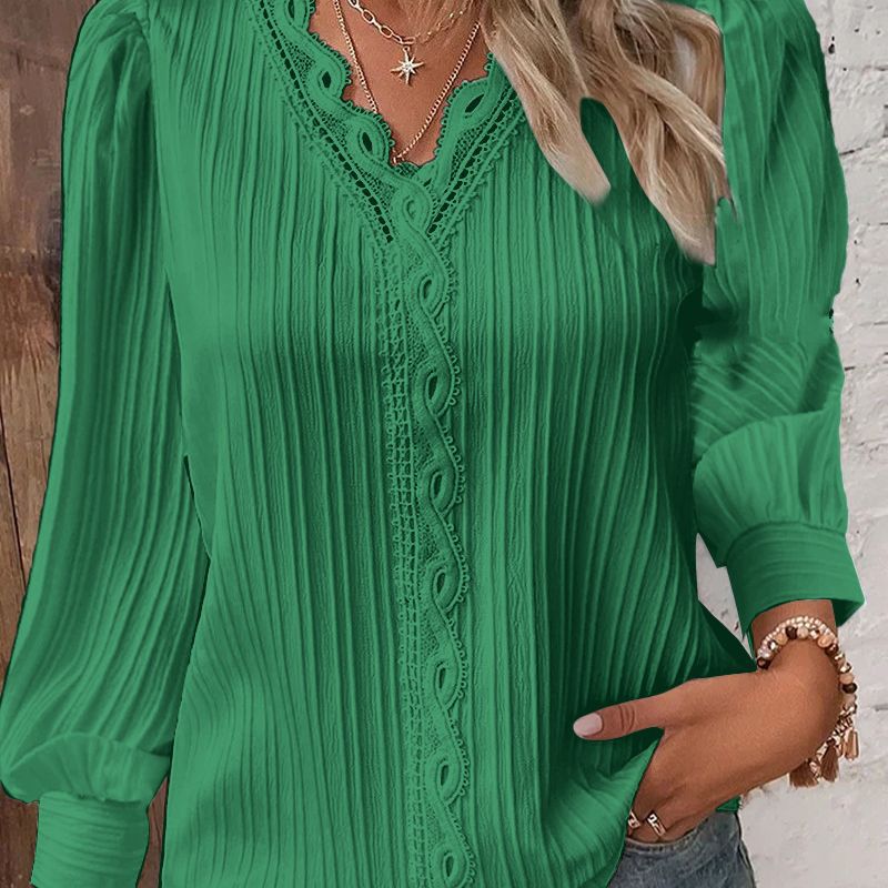 2023 estación independiente deseo Amazon popular otoño manga larga cuello en V encaje costura camisa de mujer ropa de mujer