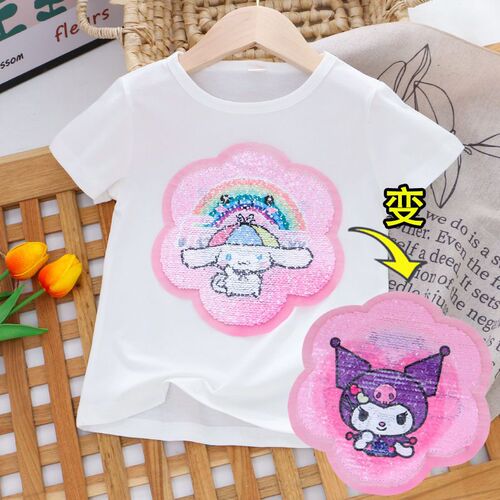 Girls summer thin Korean style T-shirt children's watermelon double-sided color-changing sequin short-sleeved 2024 children's clothing big children's tops