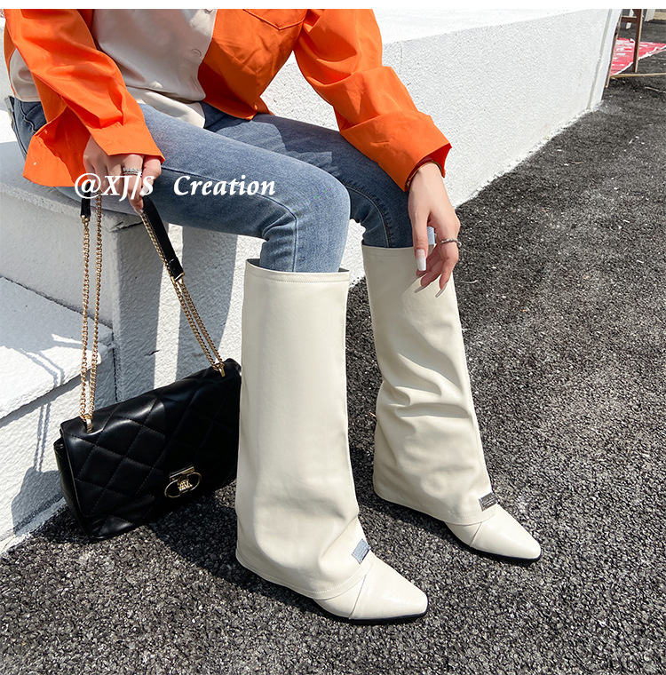 Boot nữ cổ cao mũi nhọn gót dày phong cách phương Tây — Lớp lót nhung đen chi tiết 11