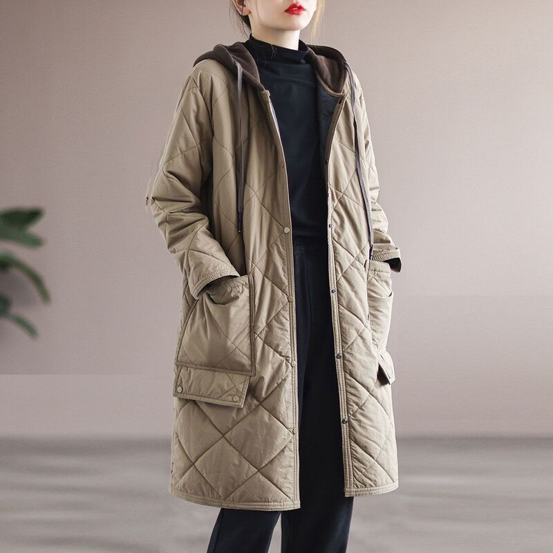 Special Single Rhombus Plaid Cotton Coat Loose Large Size Casual Mid-Length Cotton Coat for Women Special Single Rhombus Plaid Cotton Coat Loose Large Size Casual Mid-Length Cotton Coat for Women