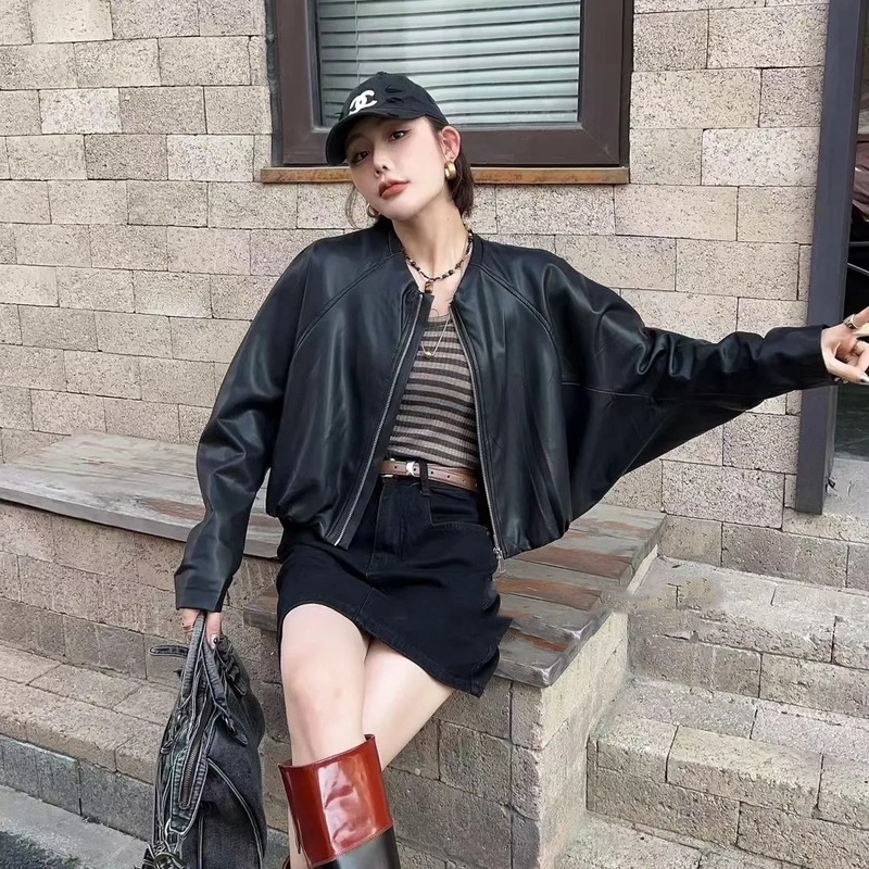 年秋季新款蝙蝠侠宽松休闲版型皮衣女百搭显瘦长袖软皮上衣|undefined