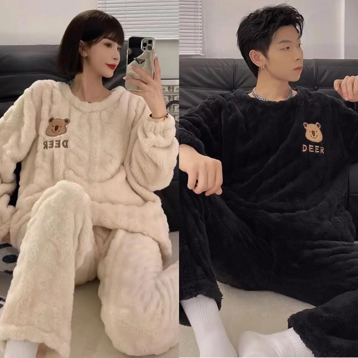 Otoño e invierno hombres coral fleece pullover pareja pijamas mujeres forrado de lana engrosada un hombre y una mujer cuello redondo de gama alta homewear